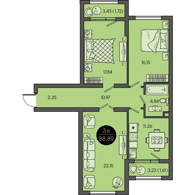 Планировка 3-комнатные квартиры, 88.89 m2 в ЖК Sensata City, в г. Алматы