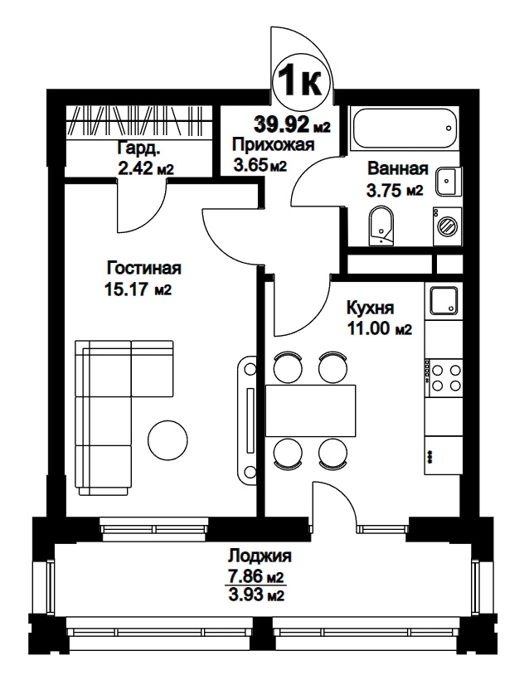 Планировка 1-комнатные квартиры, 39.92 m2 в Клубный дом Sati Park House, в г. Нур-Султана (Астаны)