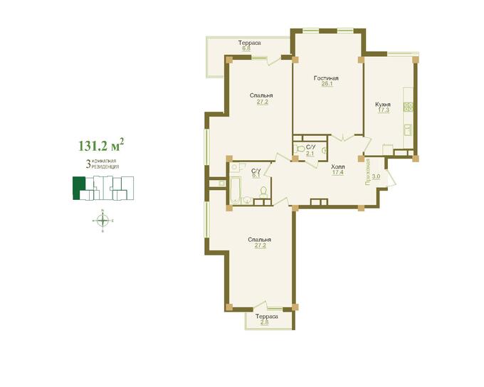 Планировка 3-комнатные квартиры, 131.2 m2 в ЖК Alatau Golf Residences, в г. Алматы