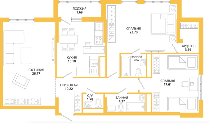 Планировка 3-комнатные квартиры, 107.35 m2 в ЖК Argento, в г. Нур-Султана (Астаны)