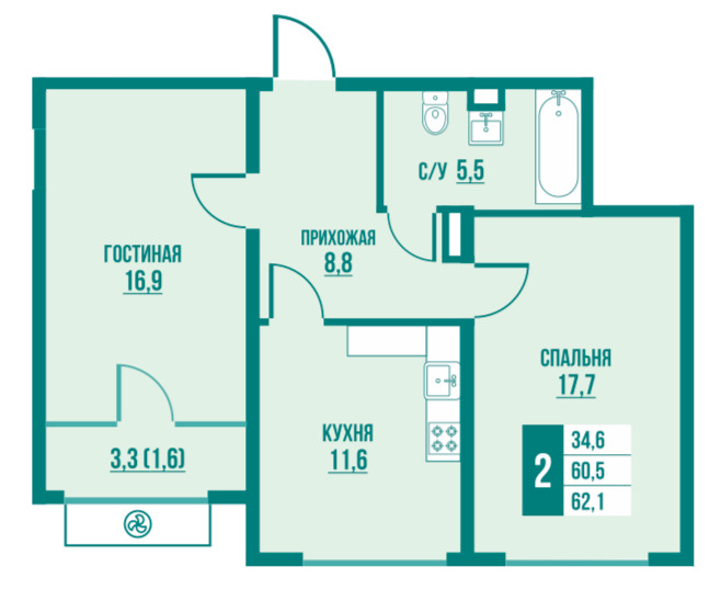 Планировка 2-комнатные квартиры, 62.1 m2 в ЖК Altyn City, в г. Алматы