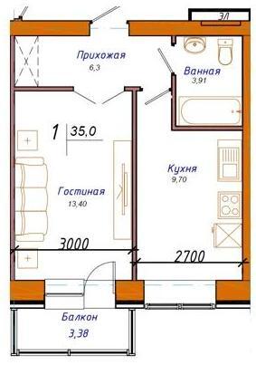 Планировка 1-комнатные квартиры, 35 m2 в ЖК Бадана, в г. Нур-Султана (Астаны)
