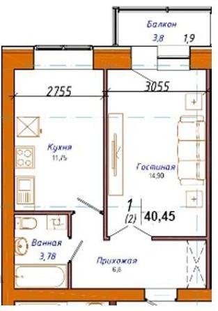 Планировка 1-комнатные квартиры, 40.45 m2 в ЖК Бадана, в г. Нур-Султана (Астаны)