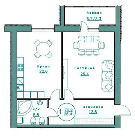 Планировка 1-комнатные квартиры, 70.9 m2 в ЖК R-Club, в г. Нур-Султана (Астаны)