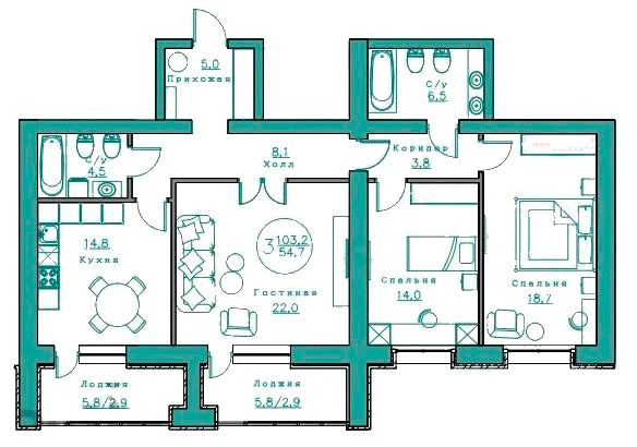 Планировка 3-комнатные квартиры, 103.2 m2 в ЖК R-Club, в г. Нур-Султана (Астаны)