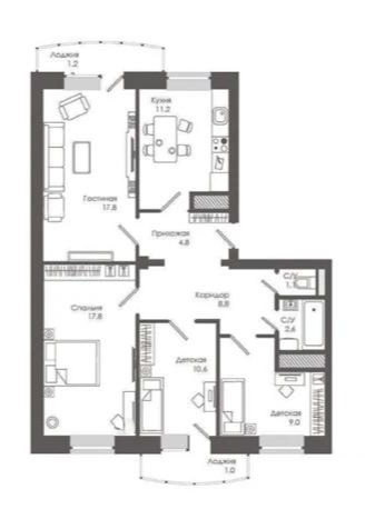 Планировка 4-комнатные квартиры, 95 m2 в ЖК Deluxe Town, в г. Усть-Каменогорска