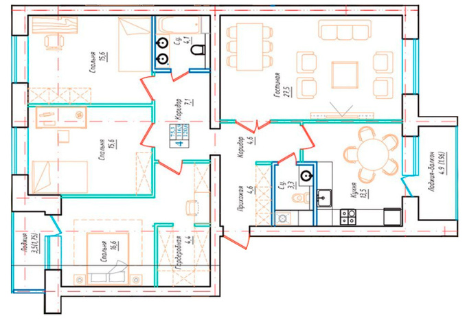 Планировка 4-комнатные квартиры, 120.6 m2 в ЖК Аружан, в г. Кокшетау
