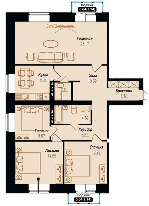 Планировка 4-комнатные квартиры, 106.06 m2 в ЖК Onyx, в г. Нур-Султана (Астаны)