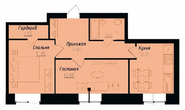 Планировка 2-комнатные квартиры, 51.1 m2 в ЖК Onyx, в г. Нур-Султана (Астаны)