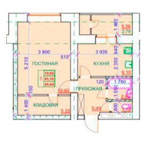 Планировка 1-комнатные квартиры, 45.94 m2 в ЖК Австрийский, в г. Костаная
