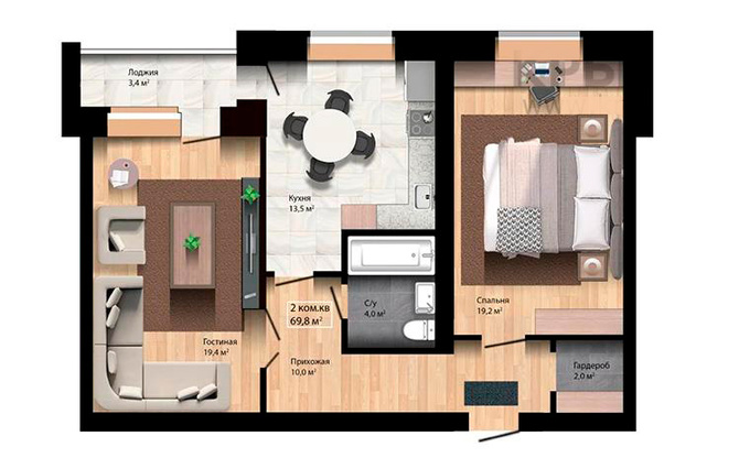 Планировка 2-комнатные квартиры, 69.8 m2 в ЖК Good Home, в г. Актобе