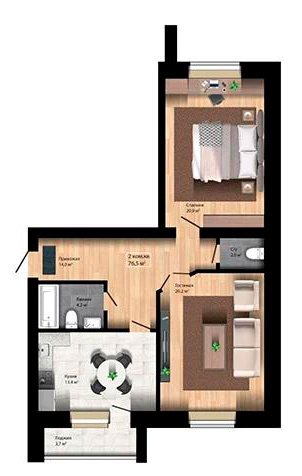 Планировка 2-комнатные квартиры, 76.5 m2 в ЖК Good Home, в г. Актобе
