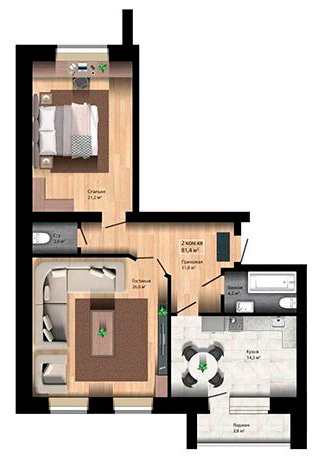Планировка 2-комнатные квартиры, 81.4 m2 в ЖК Good Home, в г. Актобе