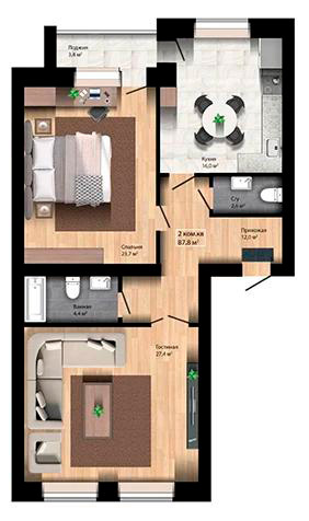 Планировка 2-комнатные квартиры, 87.8 m2 в ЖК Good Home, в г. Актобе