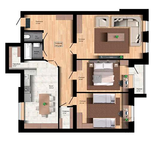 Планировка 3-комнатные квартиры, 138.8 m2 в ЖК Good Home, в г. Актобе