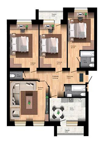 Планировка 4-комнатные квартиры, 131.6 m2 в ЖК Good Home, в г. Актобе