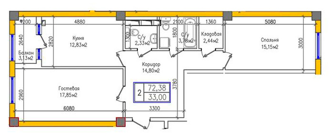Планировка 2-комнатные квартиры, 72.38 m2 в ЖК Premium Plaza, в г. Актау