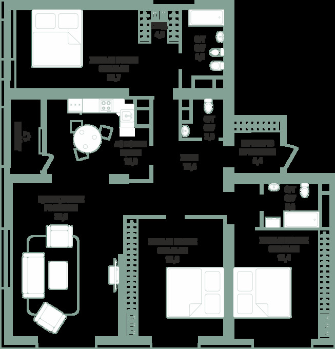 Планировка 4-комнатные квартиры, 153.2 m2 в ЖК Metropole, в г. Алматы
