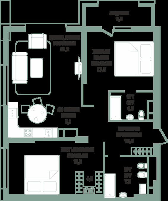 Планировка 3-комнатные квартиры, 92.5 m2 в ЖК Metropole, в г. Алматы