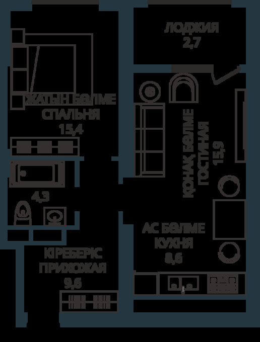Планировка 2-комнатные квартиры, 56.5 m2 в ЖК Primavera, в г. Алматы