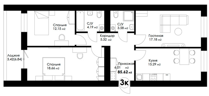 Планировка 3-комнатные квартиры, 85.8 m2 в ЖК Geneva, в г. Нур-Султана (Астаны)