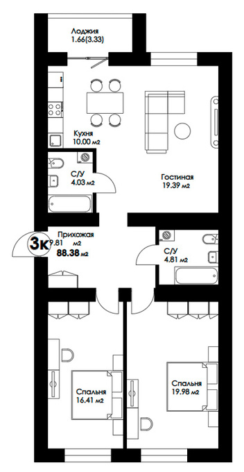 Планировка 3-комнатные квартиры, 89.45 m2 в ЖК Geneva, в г. Нур-Султана (Астаны)