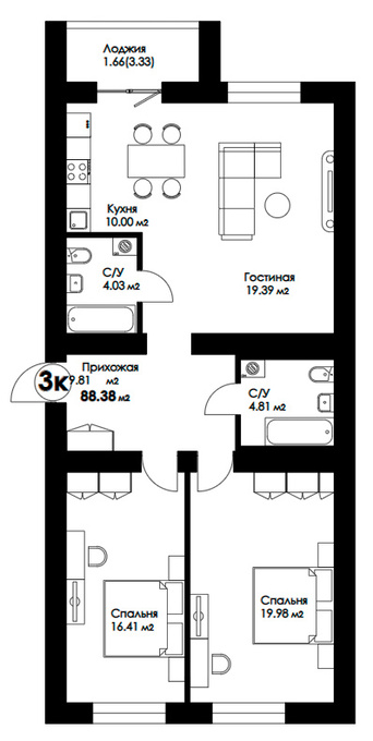 Планировка 3-комнатные квартиры, 88.38 m2 в ЖК Geneva, в г. Нур-Султана (Астаны)