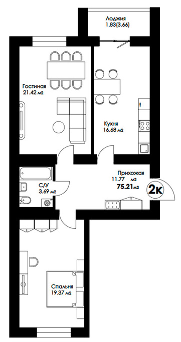 Планировка 2-комнатные квартиры, 74.46 m2 в ЖК Geneva, в г. Нур-Султана (Астаны)