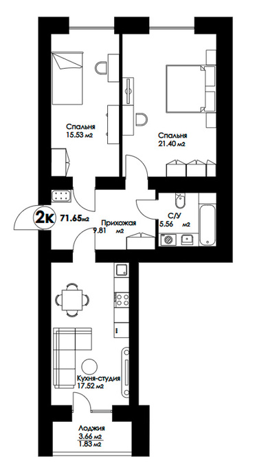 Планировка 2-комнатные квартиры, 71.65 m2 в ЖК Geneva, в г. Нур-Султана (Астаны)