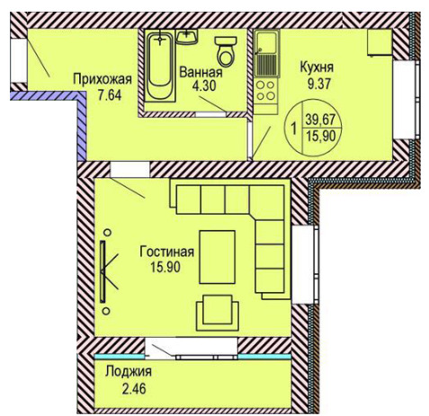 Планировка 1-комнатные квартиры, 39.67 m2 в ЖК Diamond Park, в г. Косшы