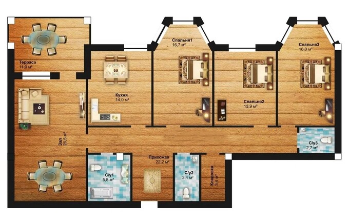 Планировка 4-комнатные квартиры, 140.5 m2 в ЖК Khan-Sultan, в г. Атырау