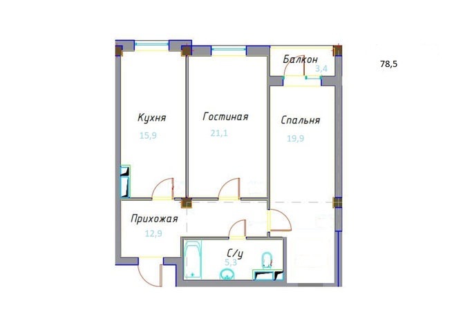 Планировка 2-комнатные квартиры, 78.5 m2 в ЖК Khan Orda, в г. Атырау