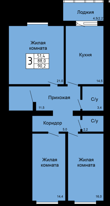 Планировка 3-комнатные квартиры, 90.2 m2 в ЖК Отау 3, в г. Караганды
