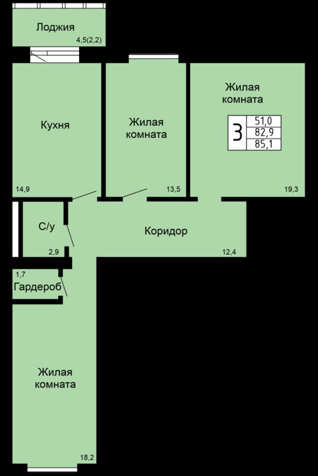 Планировка 3-комнатные квартиры, 85.1 m2 в ЖК Отау 3, в г. Караганды
