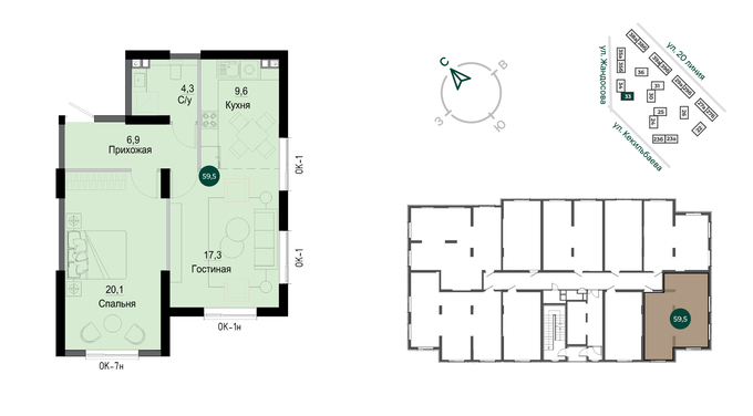 Планировка 2-комнатные квартиры, 59.5 m2 в ЖК Rams City, в г. Алматы