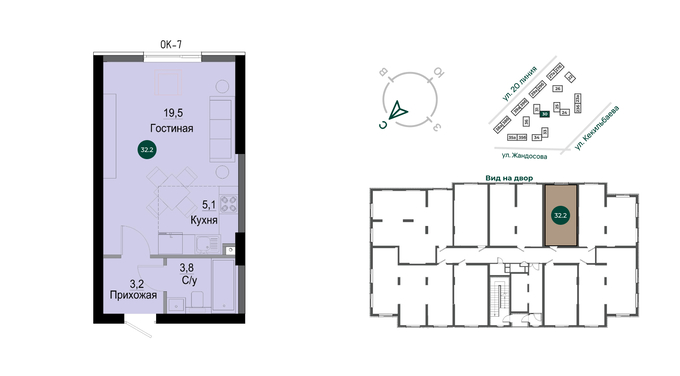 Планировка 1-комнатные квартиры, 32.2 m2 в ЖК Rams City, в г. Алматы