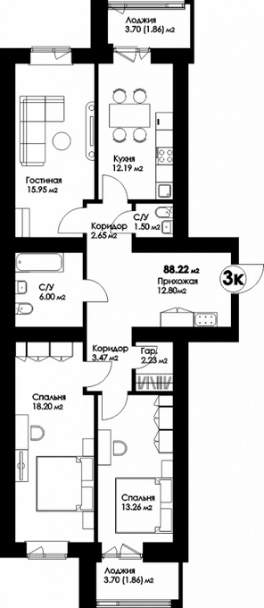Планировка 3-комнатные квартиры, 88.22 m2 в ЖК Рио-де-Жанейро, в г. Нур-Султана (Астаны)