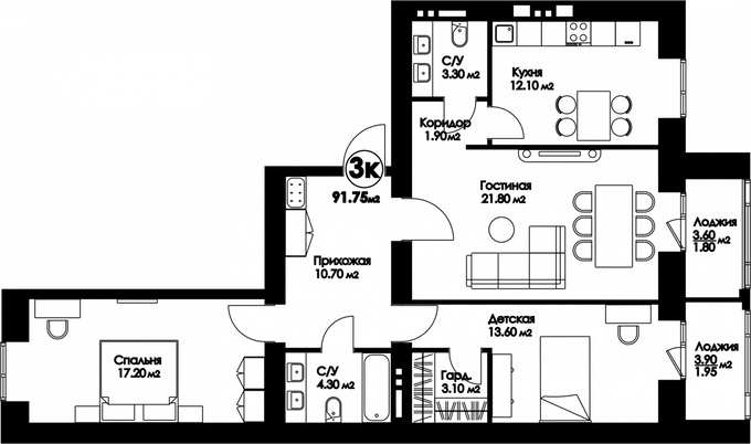 Планировка 3-комнатные квартиры, 91.75 m2 в ЖК Рио-де-Жанейро, в г. Нур-Султана (Астаны)