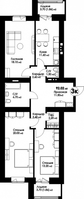 Планировка 3-комнатные квартиры, 92.02 m2 в ЖК Рио-де-Жанейро, в г. Нур-Султана (Астаны)