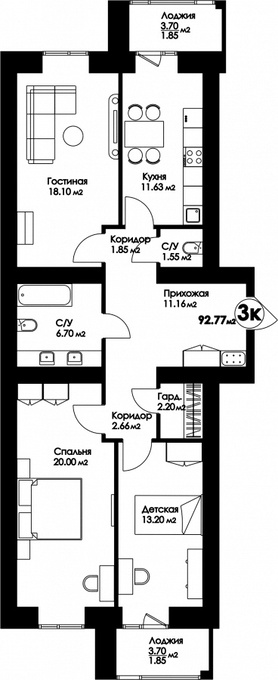 Планировка 3-комнатные квартиры, 92.77 m2 в ЖК Рио-де-Жанейро, в г. Нур-Султана (Астаны)