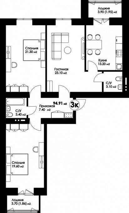 Планировка 3-комнатные квартиры, 94.91 m2 в ЖК Рио-де-Жанейро, в г. Нур-Султана (Астаны)