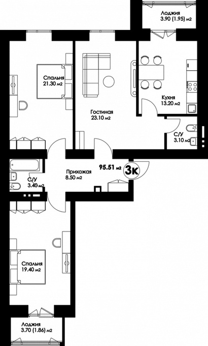 Планировка 3-комнатные квартиры, 95.51 m2 в ЖК Рио-де-Жанейро, в г. Нур-Султана (Астаны)