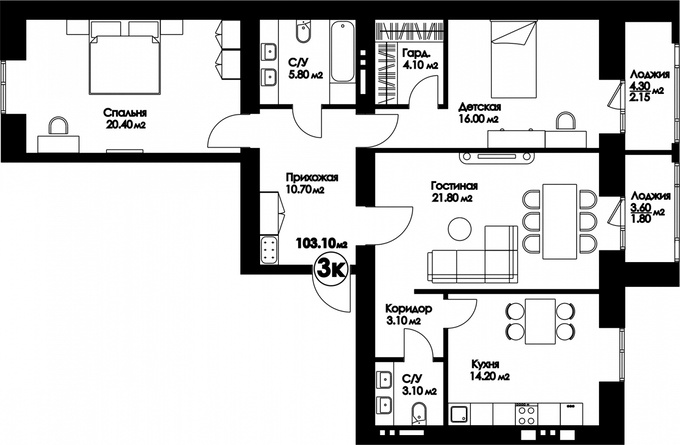 Планировка 3-комнатные квартиры, 103.1 m2 в ЖК Рио-де-Жанейро, в г. Нур-Султана (Астаны)