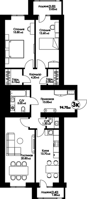 Планировка 3-комнатные квартиры, 94.7 m2 в ЖК Рио-де-Жанейро, в г. Нур-Султана (Астаны)