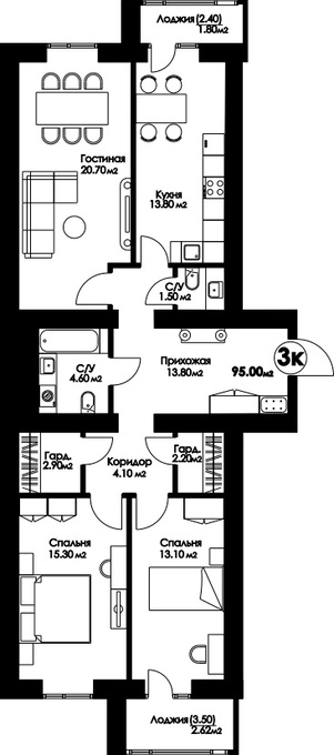 Планировка 3-комнатные квартиры, 95 m2 в ЖК Рио-де-Жанейро, в г. Нур-Султана (Астаны)