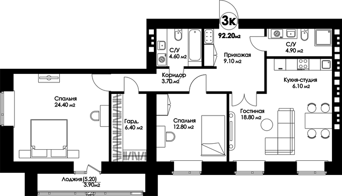 Планировка 3-комнатные квартиры, 92.2 m2 в ЖК Рио-де-Жанейро, в г. Нур-Султана (Астаны)