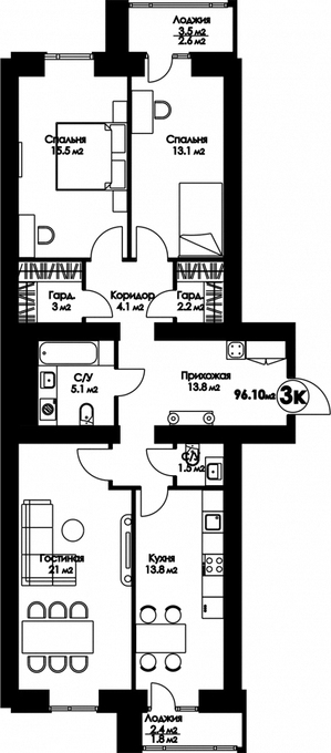 Планировка 3-комнатные квартиры, 96.1 m2 в ЖК Рио-де-Жанейро, в г. Нур-Султана (Астаны)