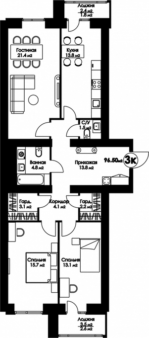 Планировка 3-комнатные квартиры, 96.5 m2 в ЖК Рио-де-Жанейро, в г. Нур-Султана (Астаны)