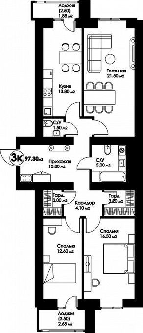 Планировка 3-комнатные квартиры, 97.3 m2 в ЖК Рио-де-Жанейро, в г. Нур-Султана (Астаны)