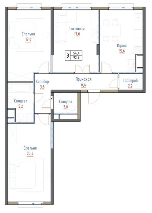Планировка 3-комнатные квартиры, 92.9 m2 в ЖК Hayat Apartments, в г. с. Бесагаш